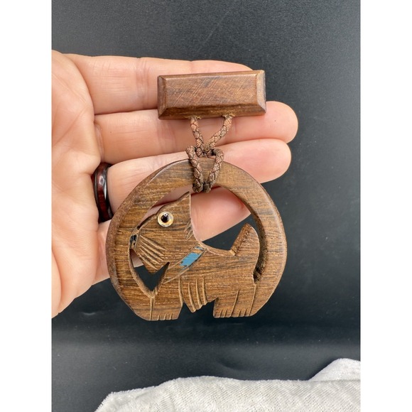 Vintage Scottie Dog Brooch Carved Wood Glass Eye